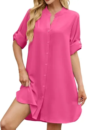 Women Striped Shirt Dress Casual Collar V Neck Button Down Long Sleeve Shift Midi Dress Ruffle Flowy with Pockets