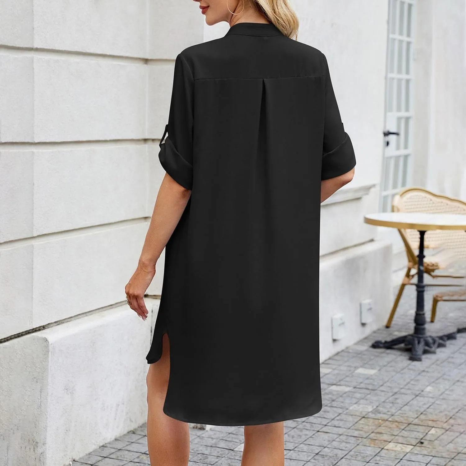 Women Striped Shirt Dress Casual Collar V Neck Button Down Long Sleeve Shift Midi Dress Ruffle Flowy with Pockets