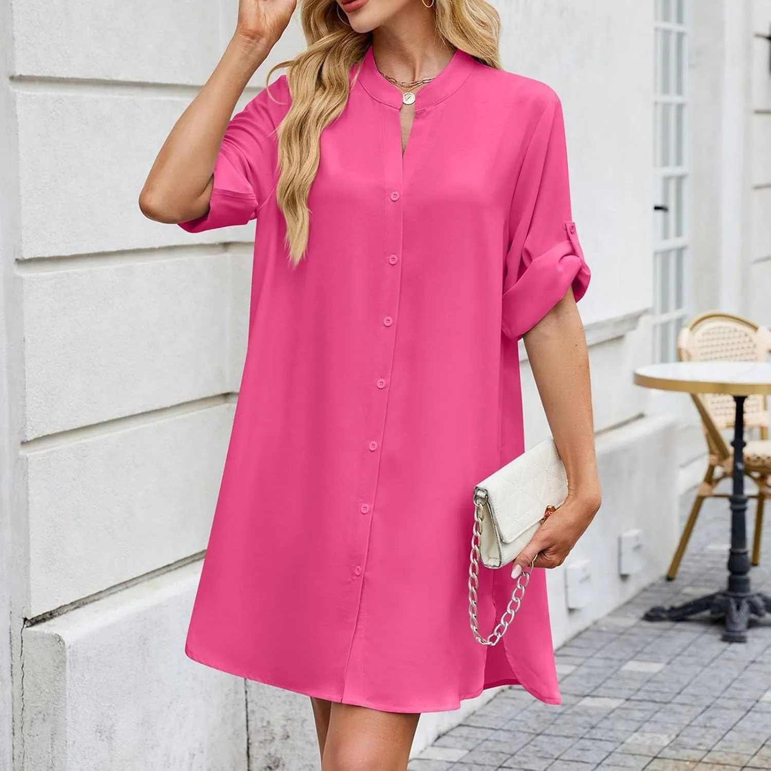 Women Striped Shirt Dress Casual Collar V Neck Button Down Long Sleeve Shift Midi Dress Ruffle Flowy with Pockets