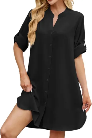 Women Striped Shirt Dress Casual Collar V Neck Button Down Long Sleeve Shift Midi Dress Ruffle Flowy with Pockets
