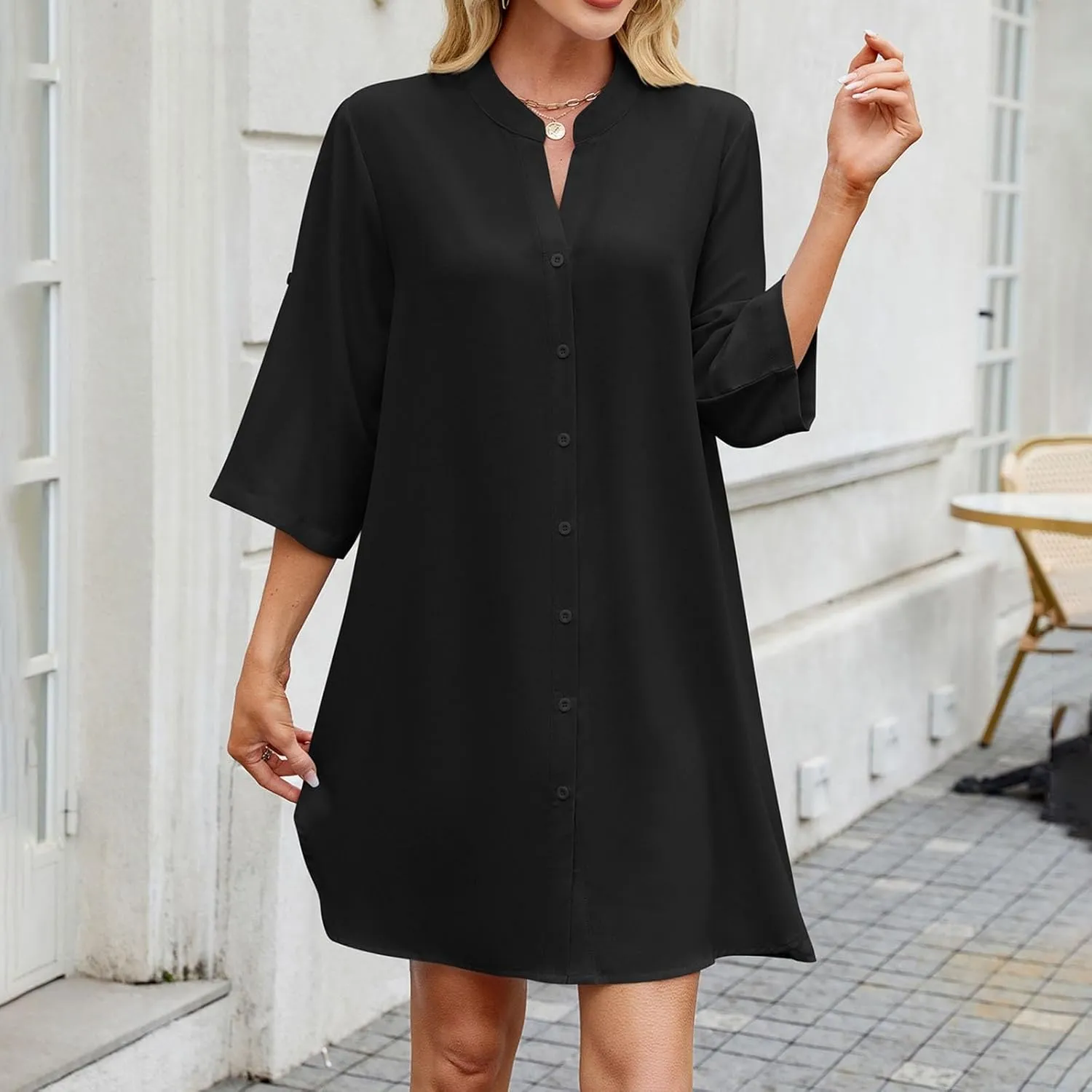 Women Striped Shirt Dress Casual Collar V Neck Button Down Long Sleeve Shift Midi Dress Ruffle Flowy with Pockets