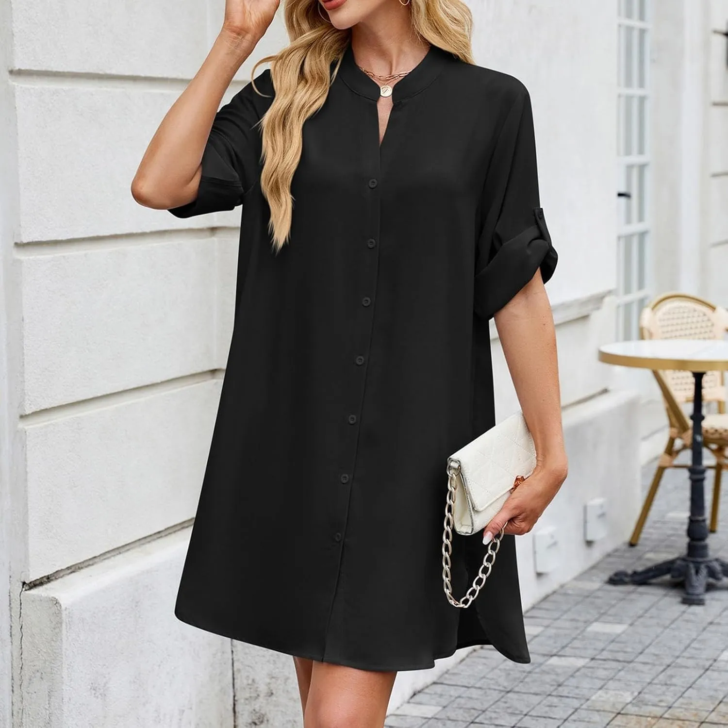 Women Striped Shirt Dress Casual Collar V Neck Button Down Long Sleeve Shift Midi Dress Ruffle Flowy with Pockets