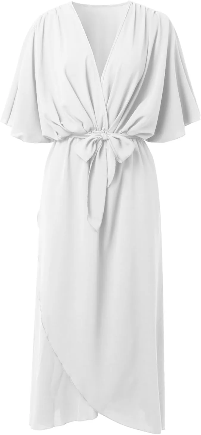 Women Summer Bohemian Casual Wrap V Neck Ruffle Cap Short Sleeve Belt A Line Pleated Hem Midi Sun Dress Midi