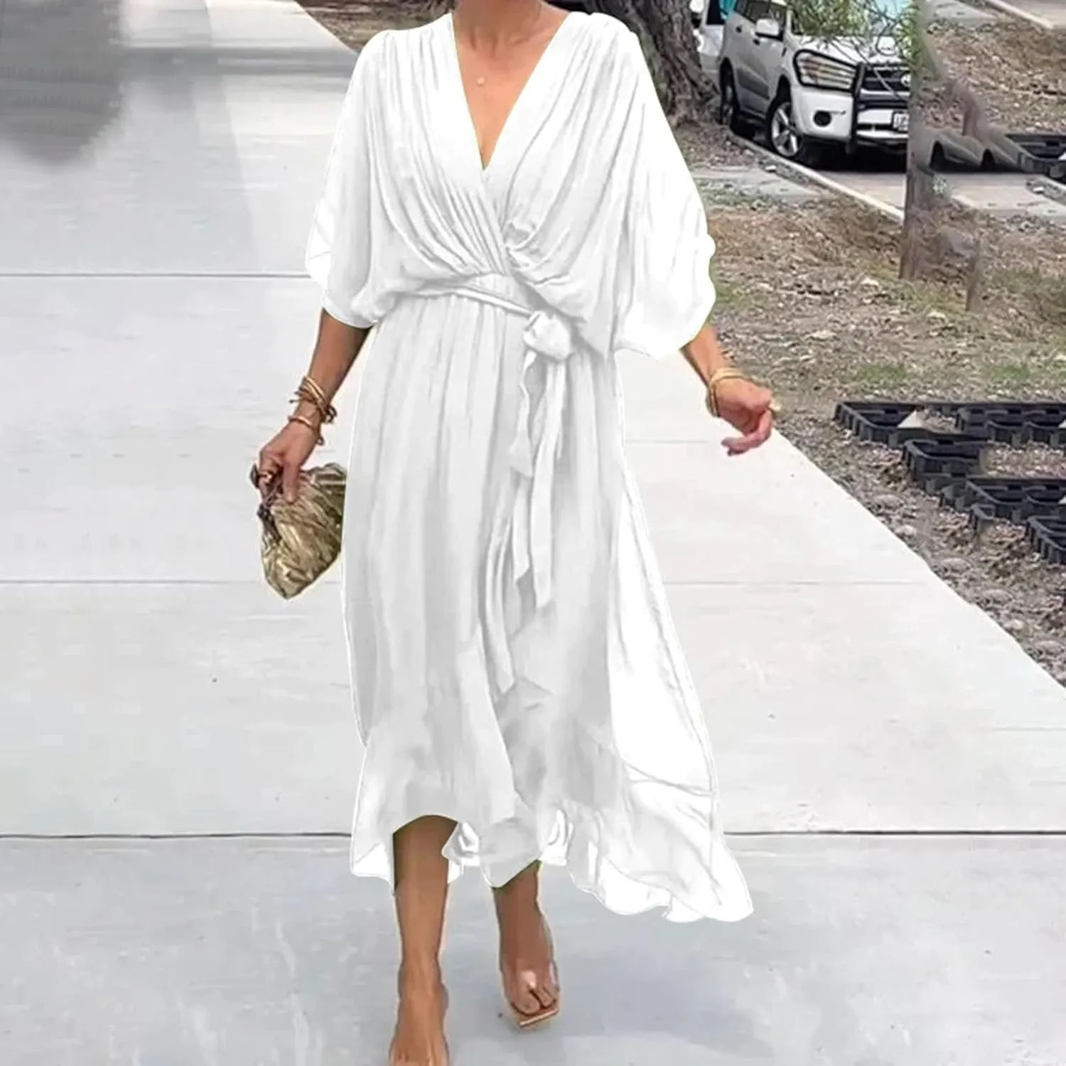 Women Summer Bohemian Casual Wrap V Neck Ruffle Cap Short Sleeve Belt A Line Pleated Hem Midi Sun Dress Midi