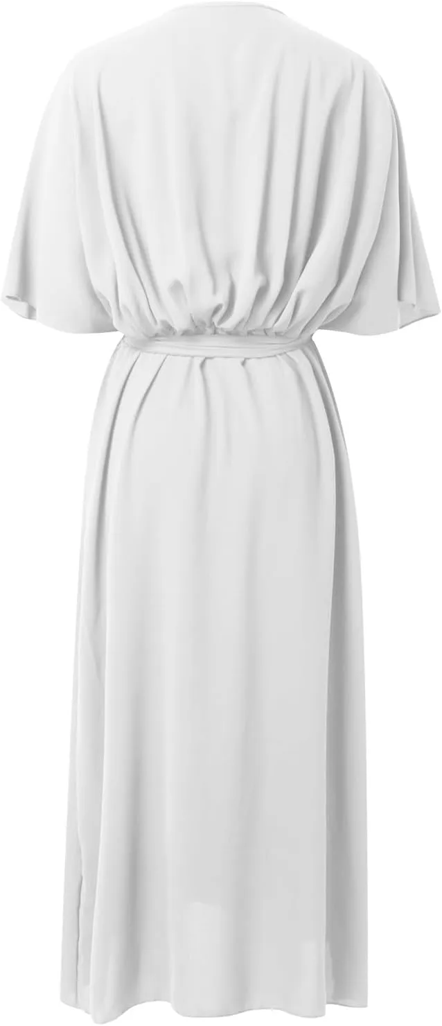 Women Summer Bohemian Casual Wrap V Neck Ruffle Cap Short Sleeve Belt A Line Pleated Hem Midi Sun Dress Midi