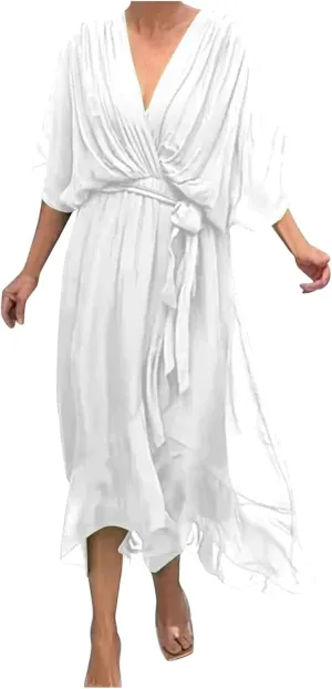 Women Summer Bohemian Casual Wrap V Neck Ruffle Cap Short Sleeve Belt A Line Pleated Hem Midi Sun Dress Midi