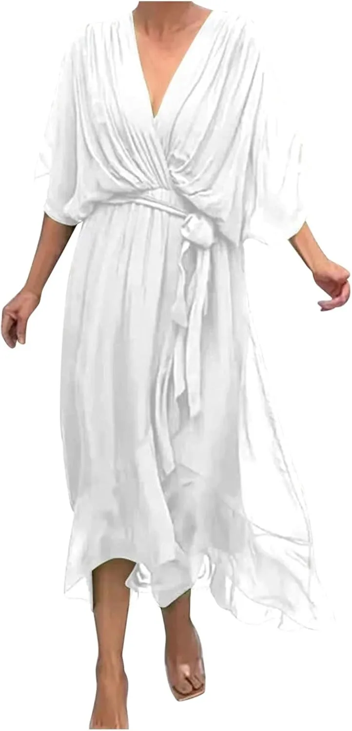 Women Summer Bohemian Casual Wrap V Neck Ruffle Cap Short Sleeve Belt A Line Pleated Hem Midi Sun Dress Midi