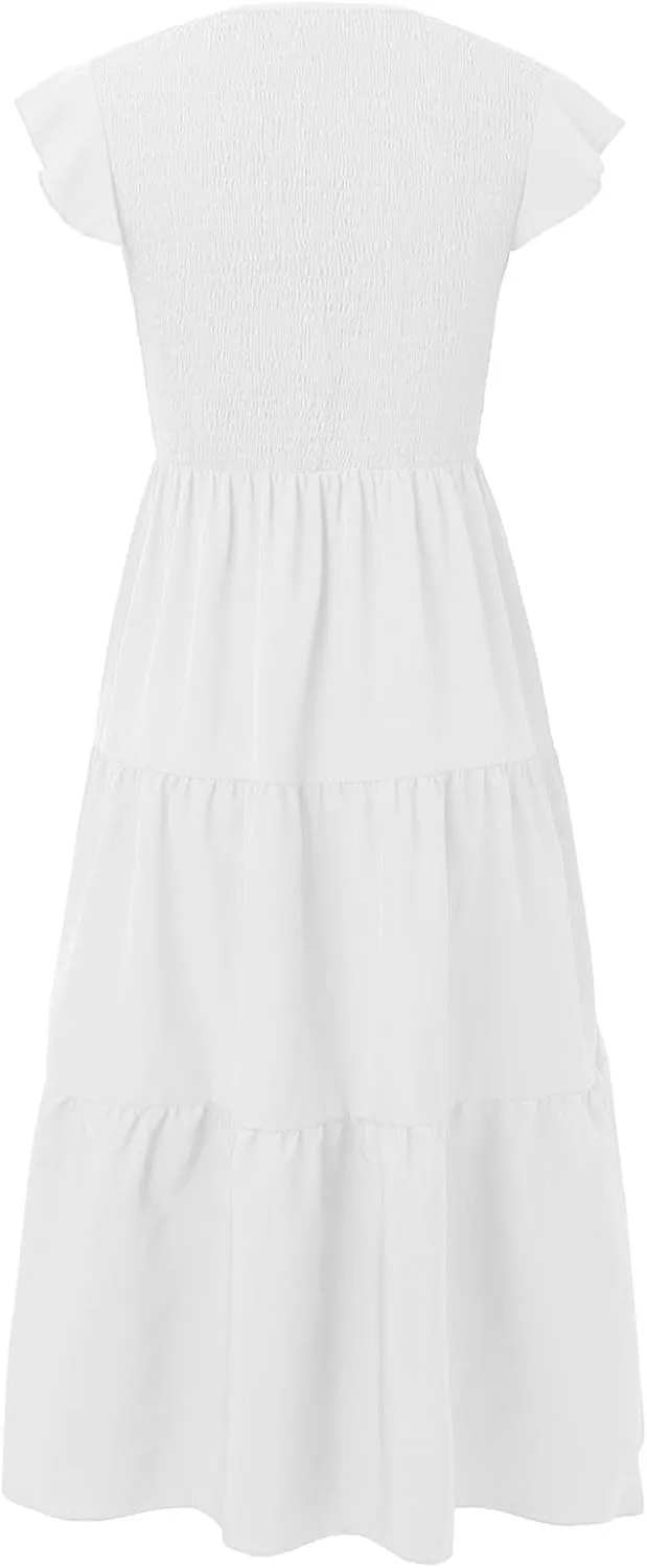 Women Summer Dresses 2025 V-Neck Cap Short Sleeve Smocked Midi Dress Ruffle Tiered Layered Cocktail Party Dresses