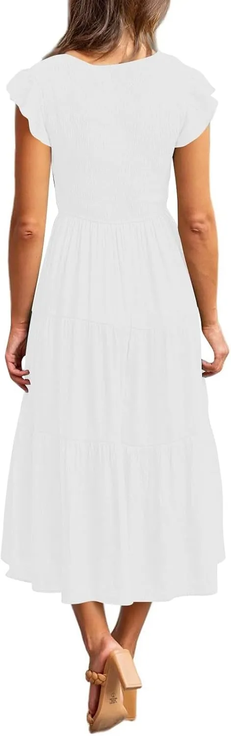 Women Summer Dresses 2025 V-Neck Cap Short Sleeve Smocked Midi Dress Ruffle Tiered Layered Cocktail Party Dresses