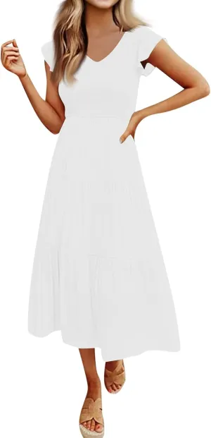 Women Summer Dresses 2025 V-Neck Cap Short Sleeve Smocked Midi Dress Ruffle Tiered Layered Cocktail Party Dresses