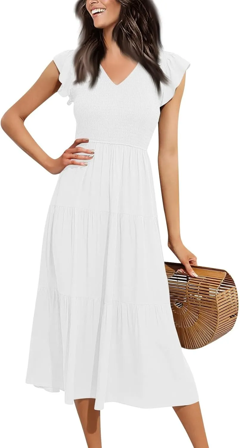 Women Summer Dresses 2025 V-Neck Cap Short Sleeve Smocked Midi Dress Ruffle Tiered Layered Cocktail Party Dresses
