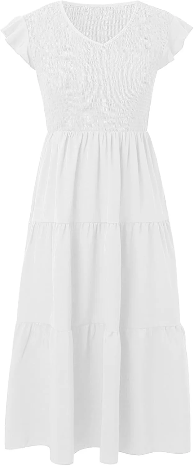 Women Summer Dresses 2025 V-Neck Cap Short Sleeve Smocked Midi Dress Ruffle Tiered Layered Cocktail Party Dresses