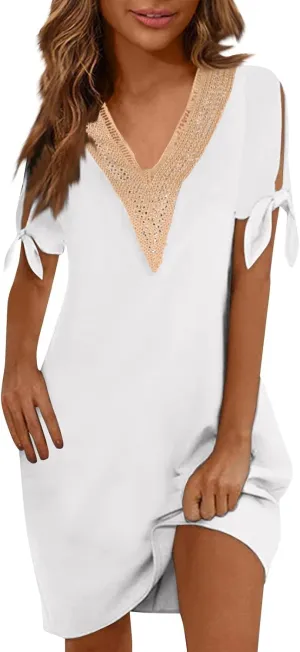 Women Summer Dresses Short Sleeve Flowy Dresses Casual Loose Swing Midi Dress Lace V Neck Comfy Beach Sundress
