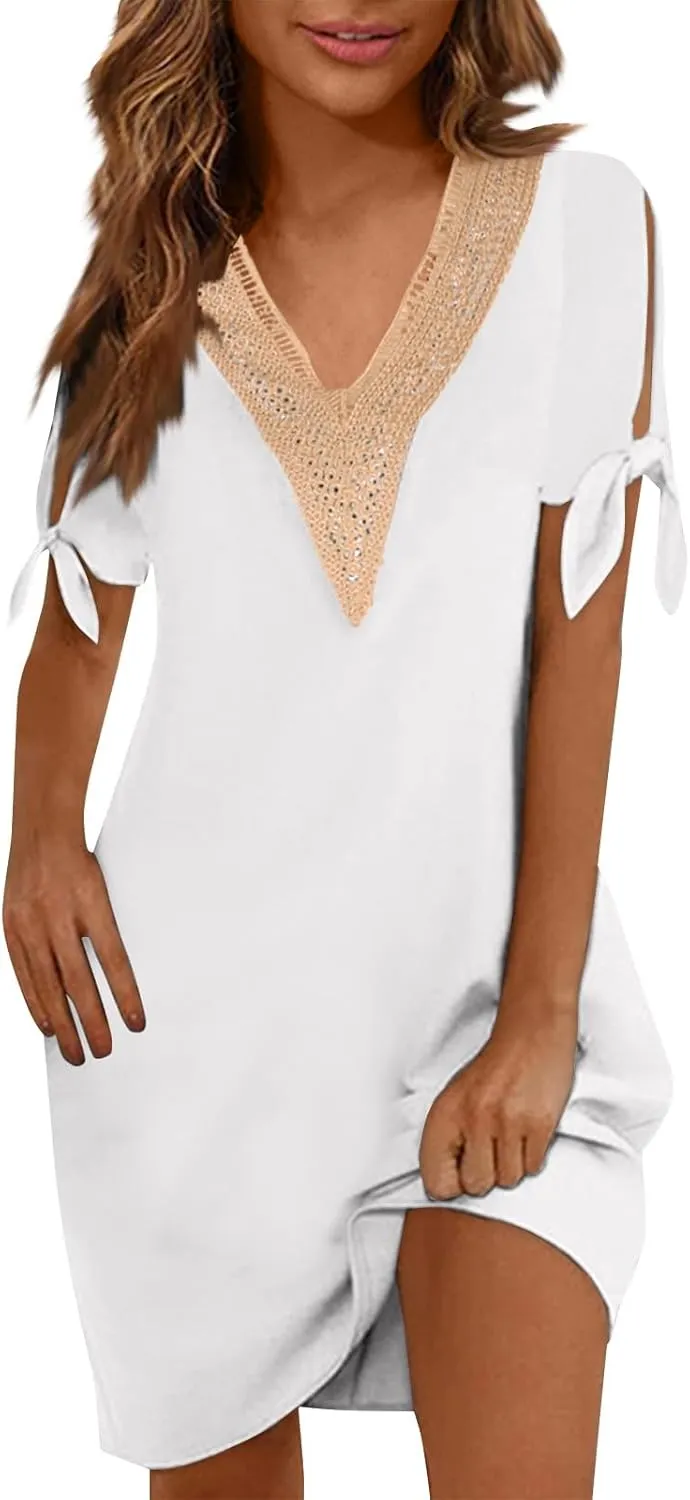Women Summer Dresses Short Sleeve Flowy Dresses Casual Loose Swing Midi Dress Lace V Neck Comfy Beach Sundress