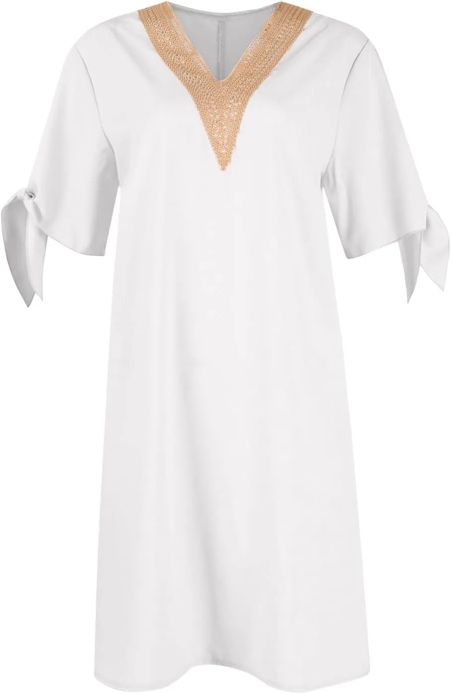 Women Summer Dresses Short Sleeve Flowy Dresses Casual Loose Swing Midi Dress Lace V Neck Comfy Beach Sundress