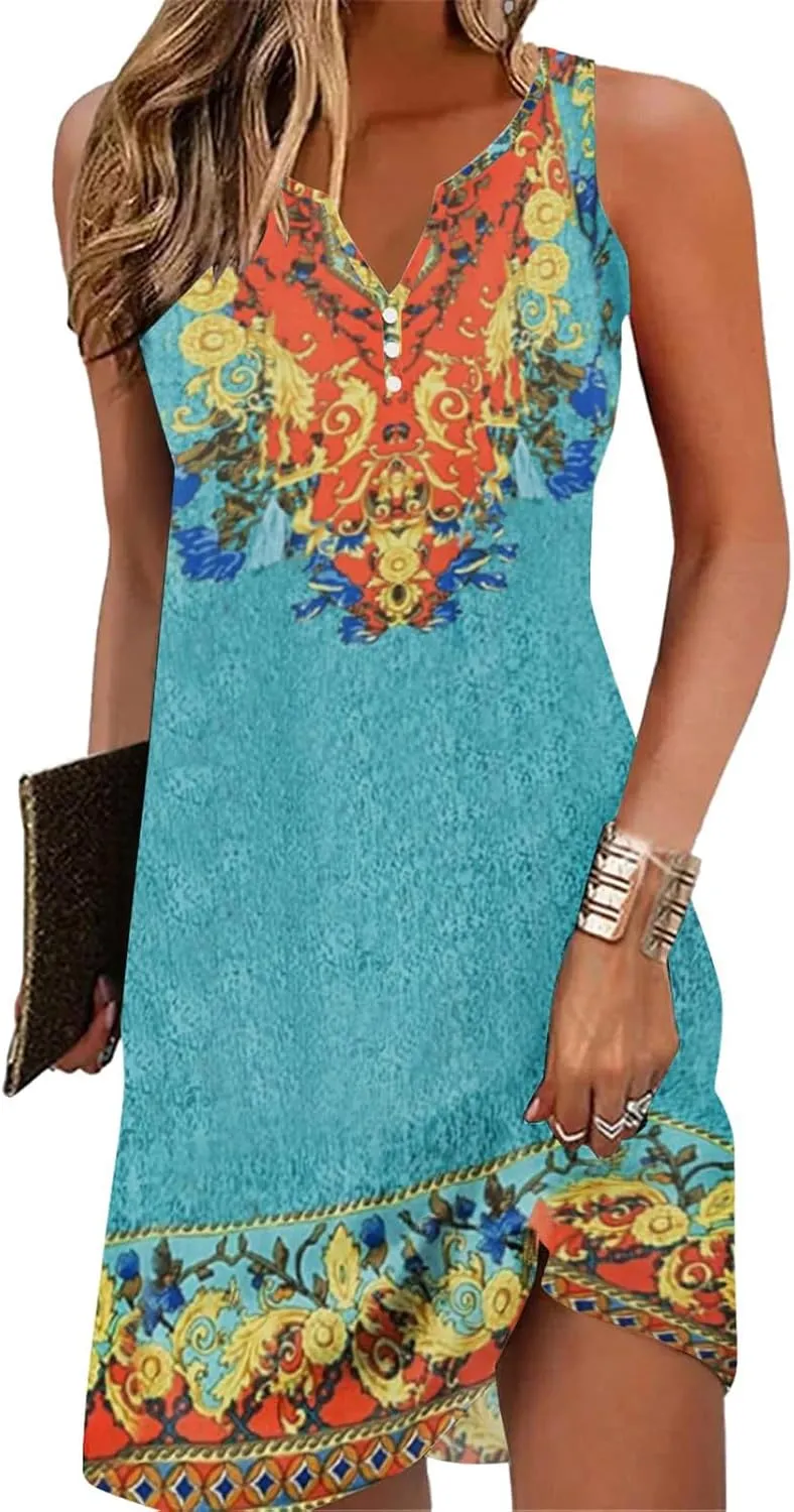 Women Summer Vacation Dresses Trendy V Neck Loose Beach Sun Dress Casual Knee Length Sleeveless Flowy Dresses