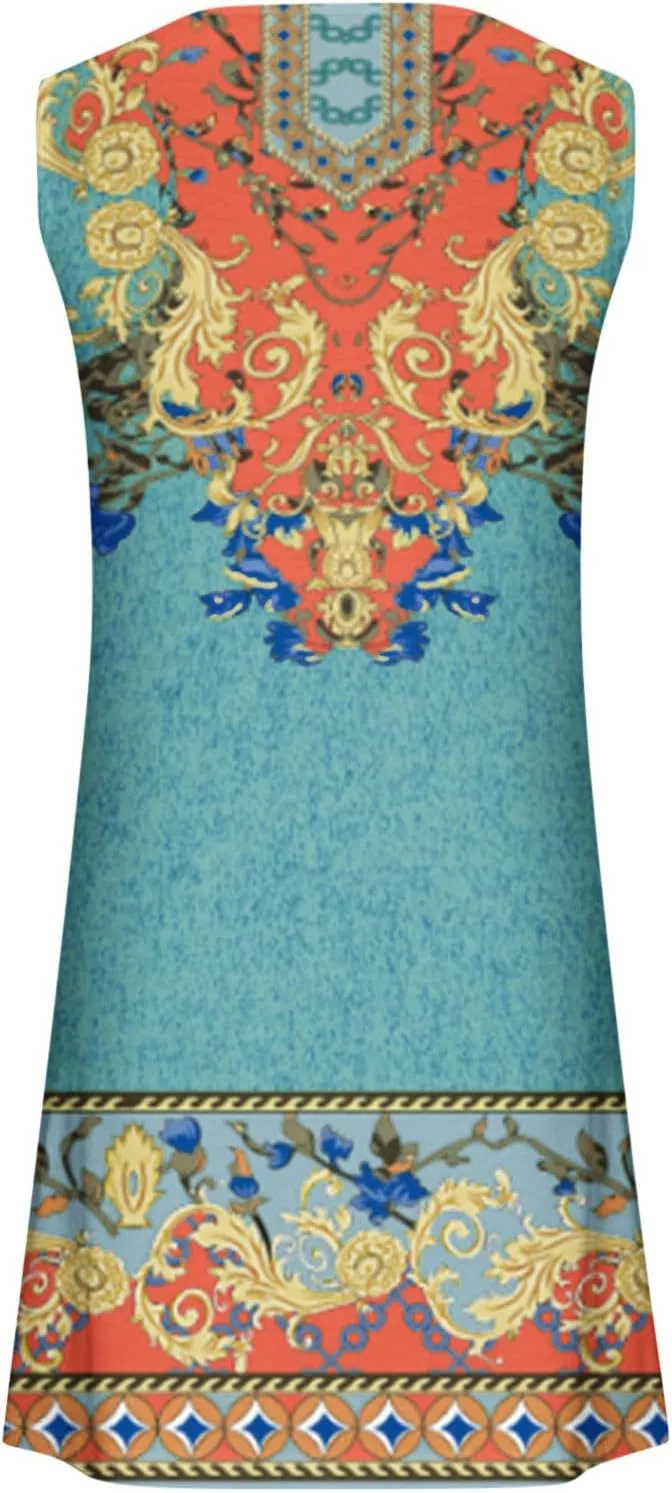 Women Summer Vacation Dresses Trendy V Neck Loose Beach Sun Dress Casual Knee Length Sleeveless Flowy Dresses