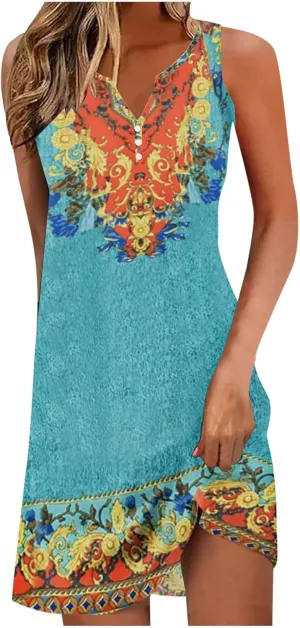 Women Summer Vacation Dresses Trendy V Neck Loose Beach Sun Dress Casual Knee Length Sleeveless Flowy Dresses