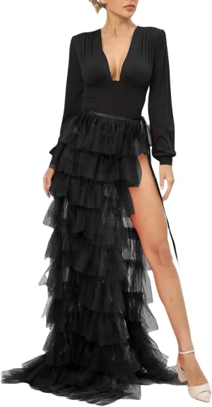 Women Tulle Tutu Long Skirts Wedding Party Cocktail Prom Bandage Mesh Overskirt Ruffled Steampunk Tie-on Bustle Skirt