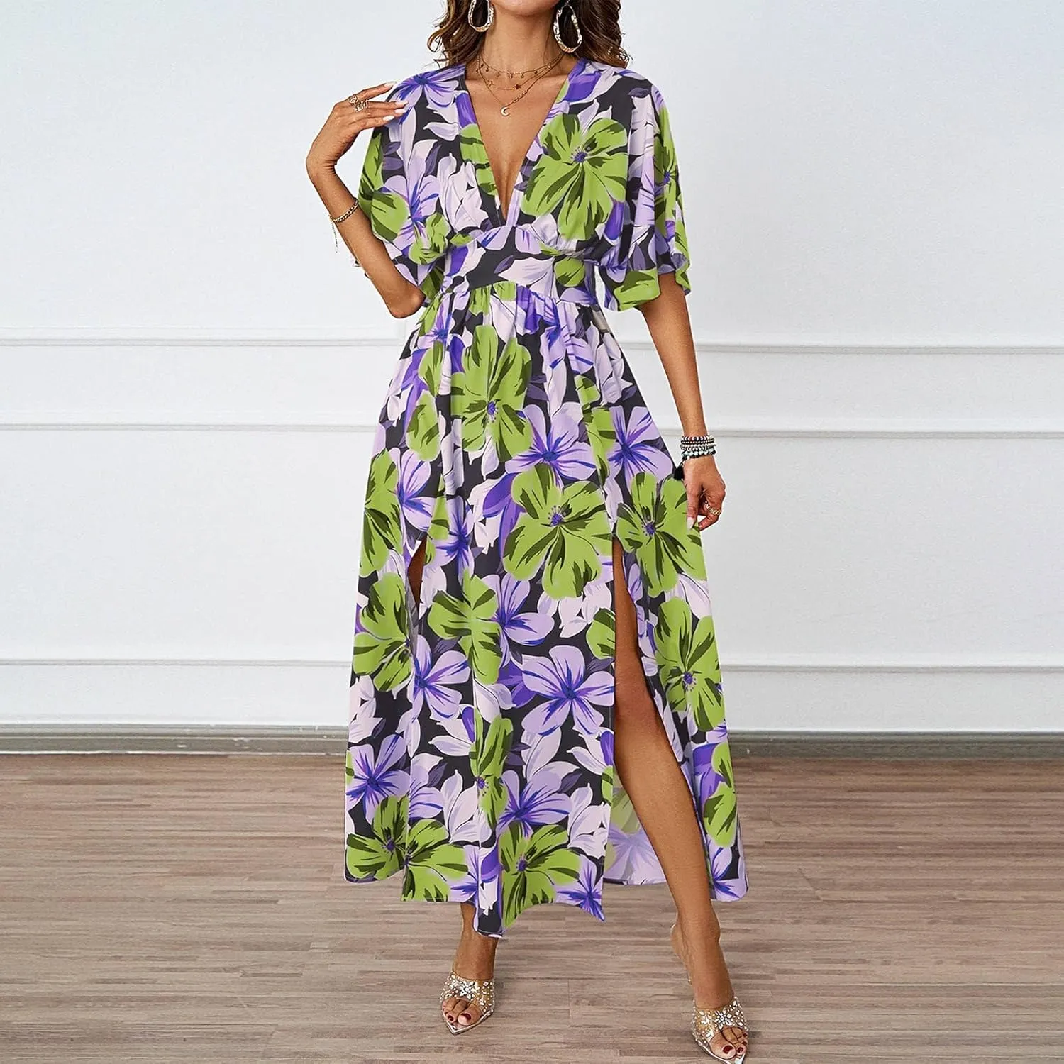 Women V Neck Summer Dress 2025 Long Sleeve Swiss Dot Boho Flowy Ruffle Slit Beach Party Long Maxi Ruffle Dresses