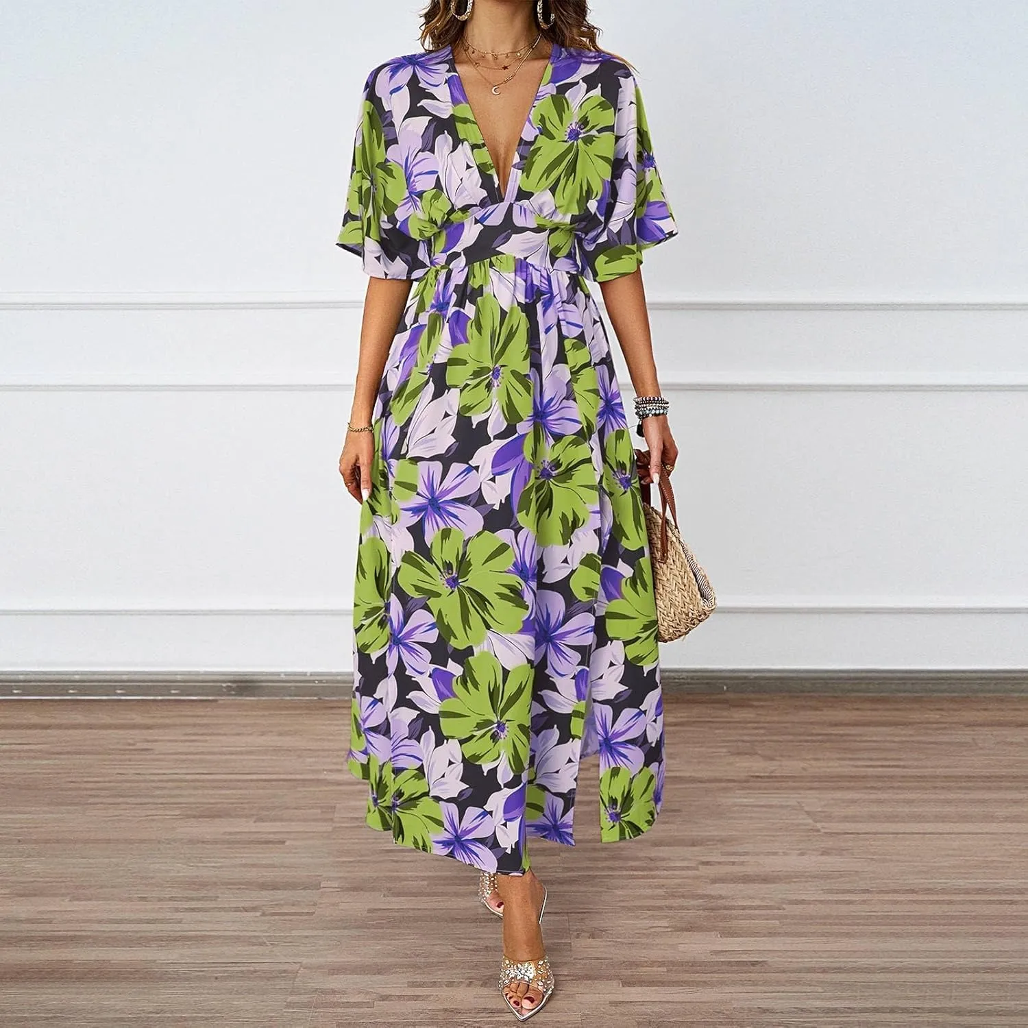 Women V Neck Summer Dress 2025 Long Sleeve Swiss Dot Boho Flowy Ruffle Slit Beach Party Long Maxi Ruffle Dresses