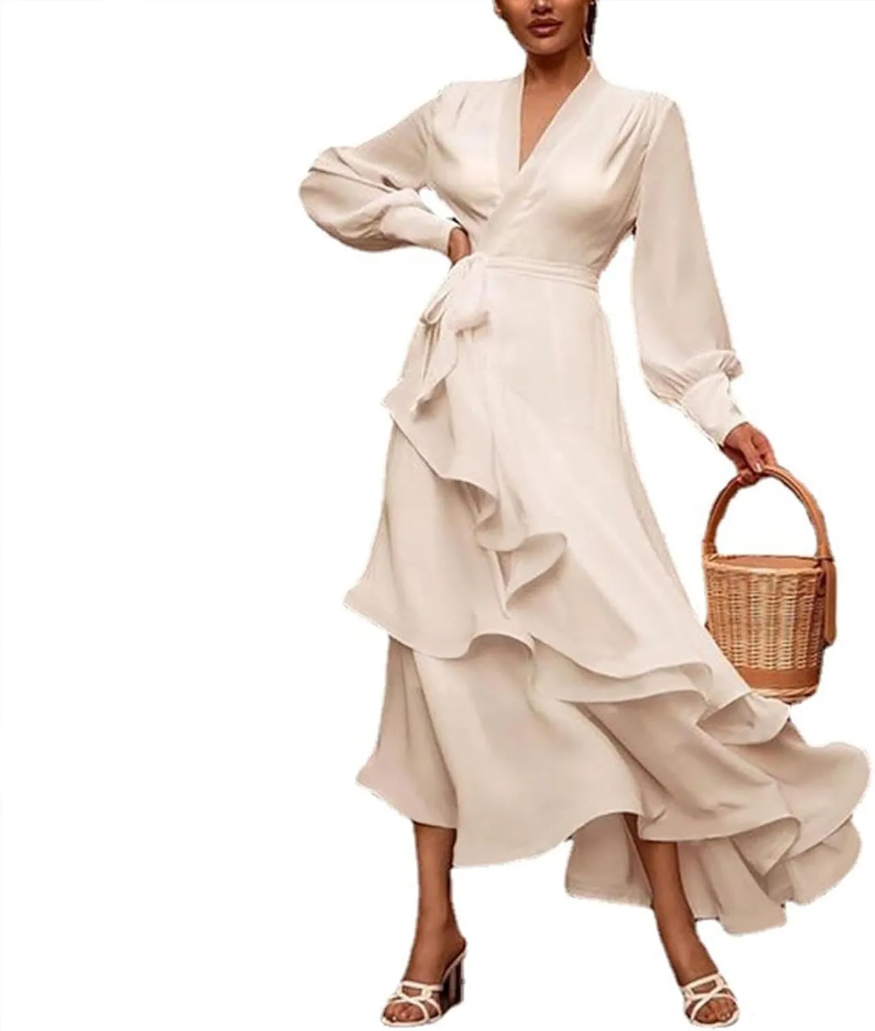 Women V Neck Summer Dress 2025 Long Sleeve Swiss Dot Boho Flowy Ruffle Slit Beach Party Long Maxi Ruffle Dresses