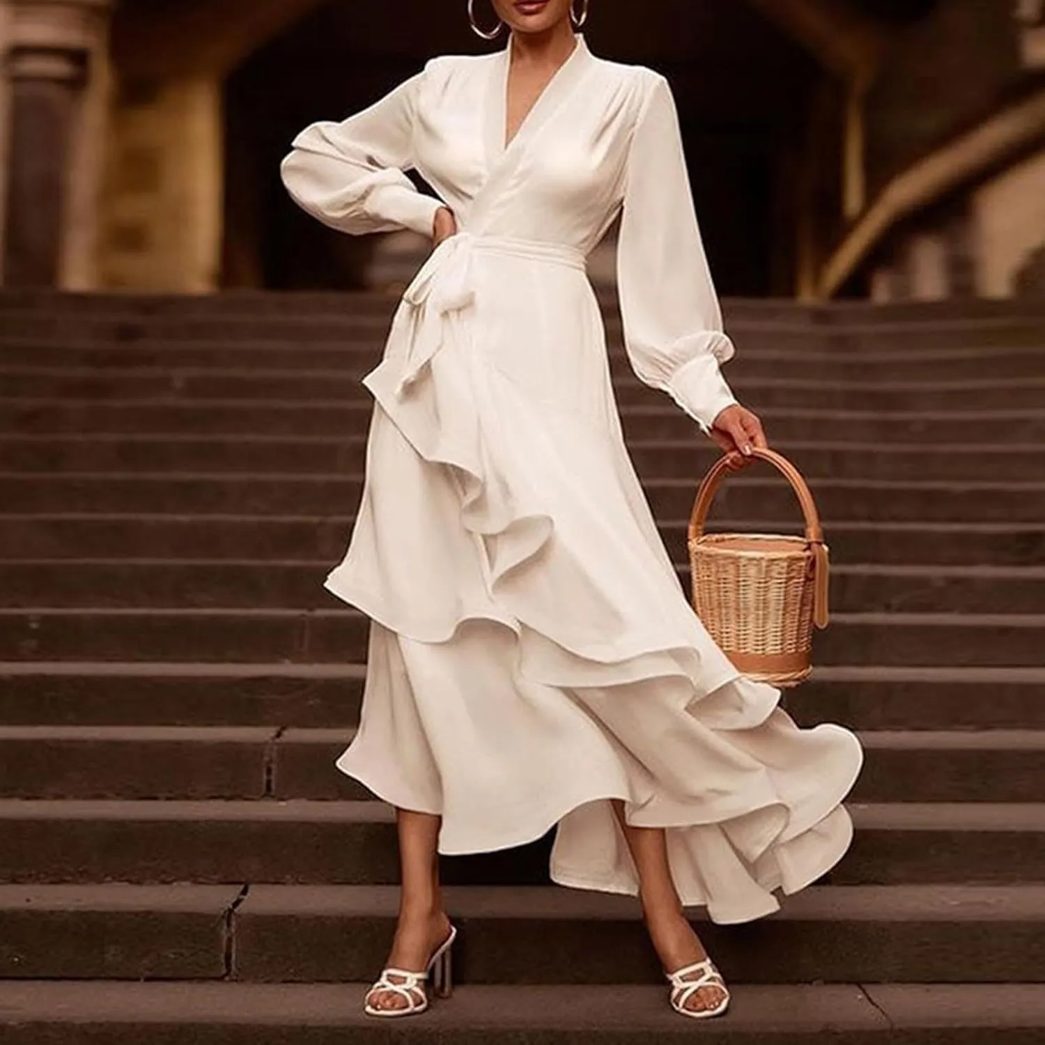 Women V Neck Summer Dress 2025 Long Sleeve Swiss Dot Boho Flowy Ruffle Slit Beach Party Long Maxi Ruffle Dresses