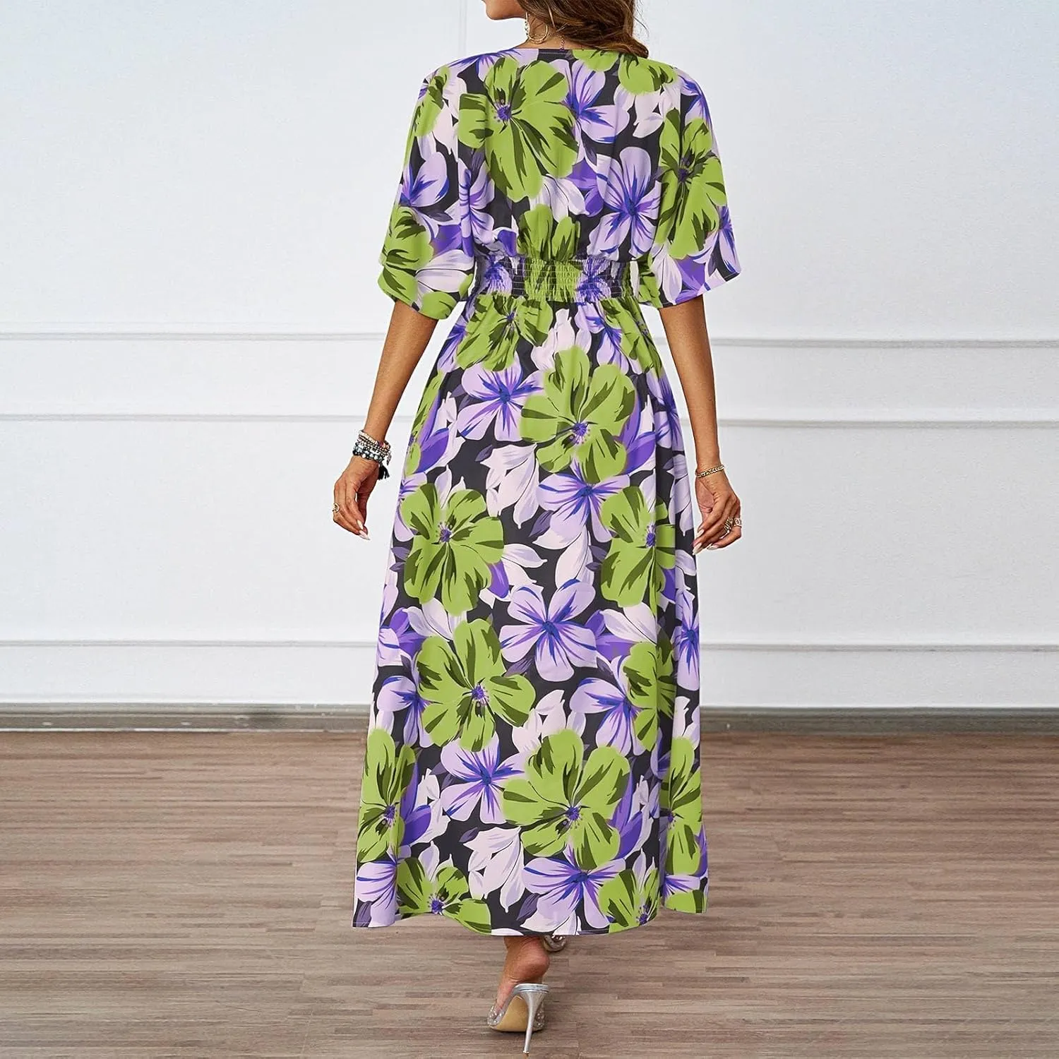 Women V Neck Summer Dress 2025 Long Sleeve Swiss Dot Boho Flowy Ruffle Slit Beach Party Long Maxi Ruffle Dresses