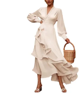 Women V Neck Summer Dress 2025 Long Sleeve Swiss Dot Boho Flowy Ruffle Slit Beach Party Long Maxi Ruffle Dresses