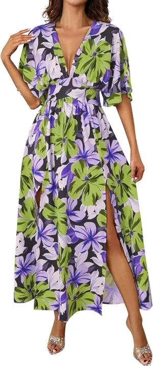 Women V Neck Summer Dress 2025 Long Sleeve Swiss Dot Boho Flowy Ruffle Slit Beach Party Long Maxi Ruffle Dresses