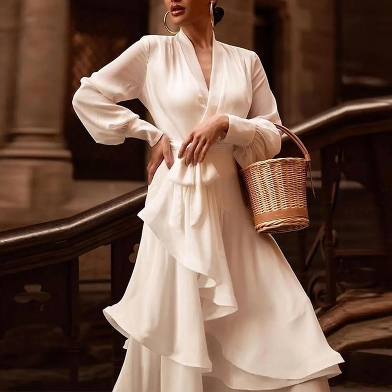 Women V Neck Summer Dress 2025 Long Sleeve Swiss Dot Boho Flowy Ruffle Slit Beach Party Long Maxi Ruffle Dresses
