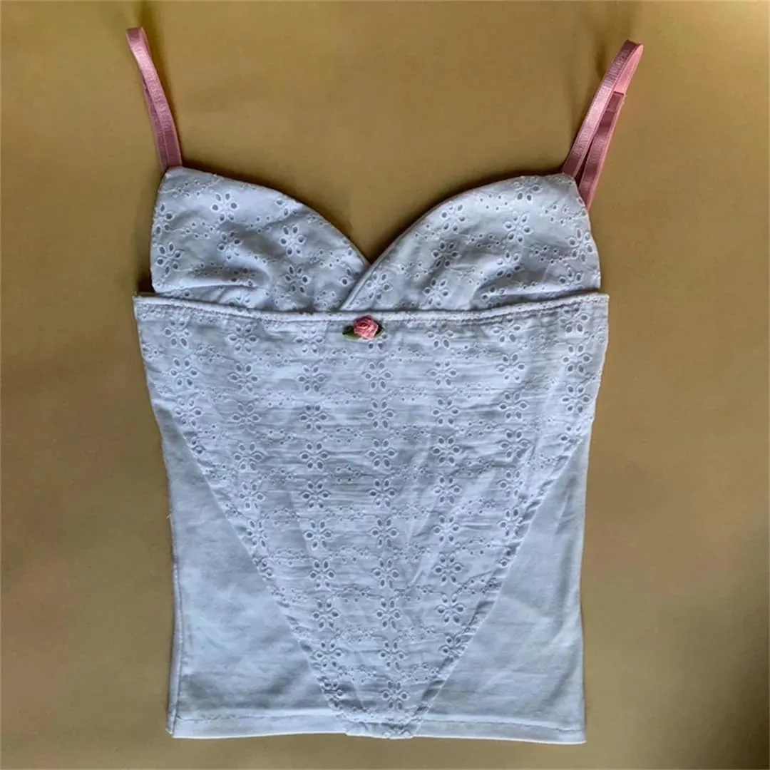 Women Y2k Floral Eyelet Camisole Cute Lace Trim Spaghetti Strap Crop Top Vintage Vest