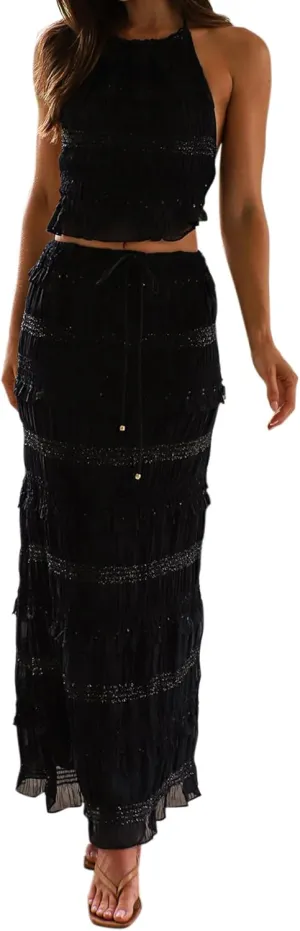 Womens 2 Piece Long Skirt Set Tie Up Sleeveless Halter Neck Tank Top Maxi Skirt Sets Summer Y2k Beach 2 Pcs Outfit