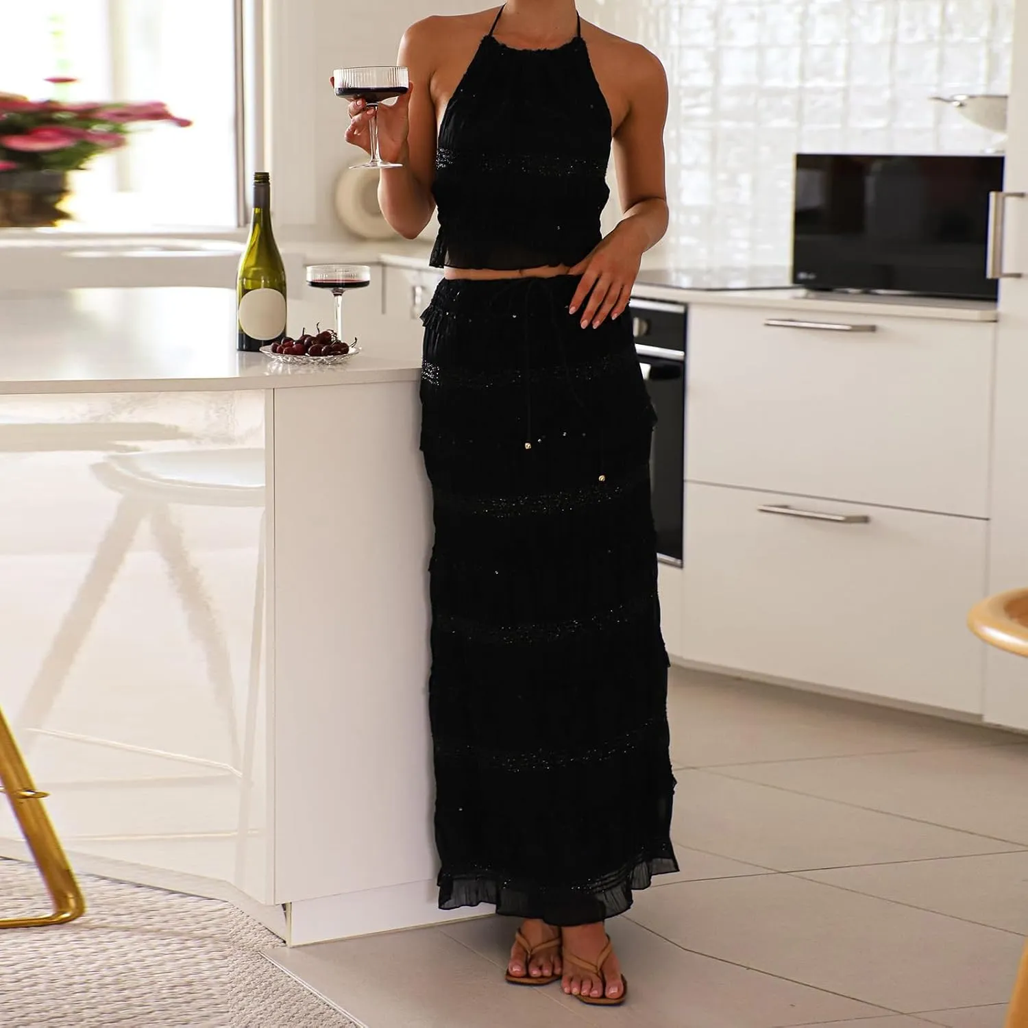 Womens 2 Piece Long Skirt Set Tie Up Sleeveless Halter Neck Tank Top Maxi Skirt Sets Summer Y2k Beach 2 Pcs Outfit