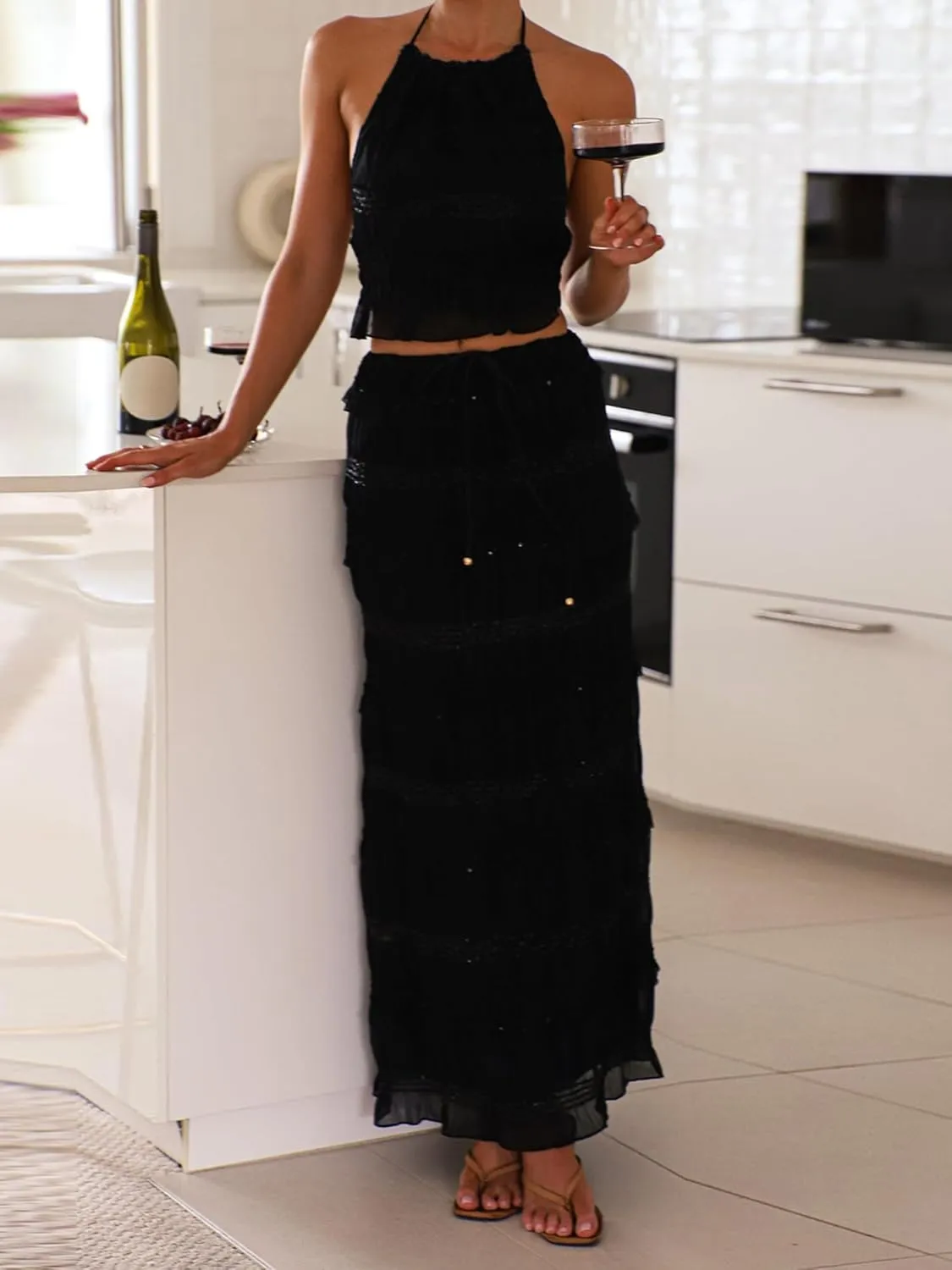 Womens 2 Piece Long Skirt Set Tie Up Sleeveless Halter Neck Tank Top Maxi Skirt Sets Summer Y2k Beach 2 Pcs Outfit