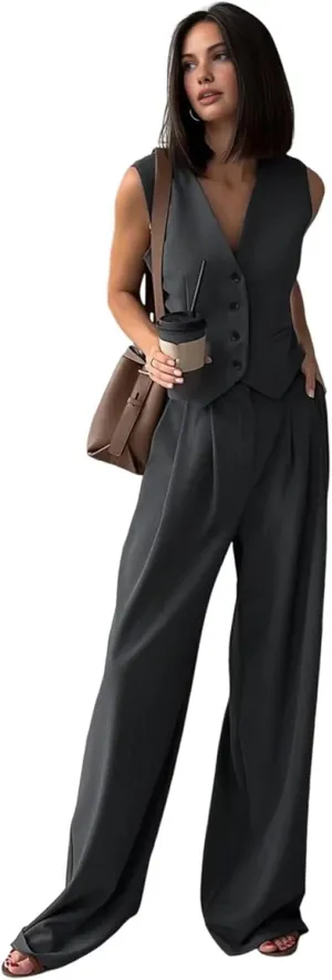 Women's 2 Piece Outfits Button Front Waistcoat Sleeveless V Neck Vest and Pants