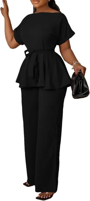 Women's 2 Piece Outfits Suit Set Short Sleeve Peplum Top Flared Pants Sets Business Pantsuits