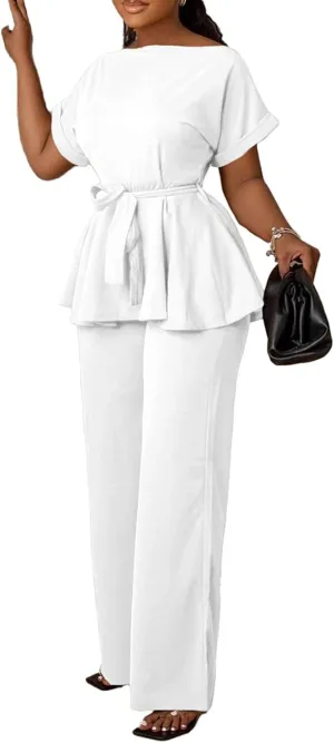 Women's 2 Piece Outfits Suit Set Short Sleeve Peplum Top Flared Pants Sets Business Pantsuits