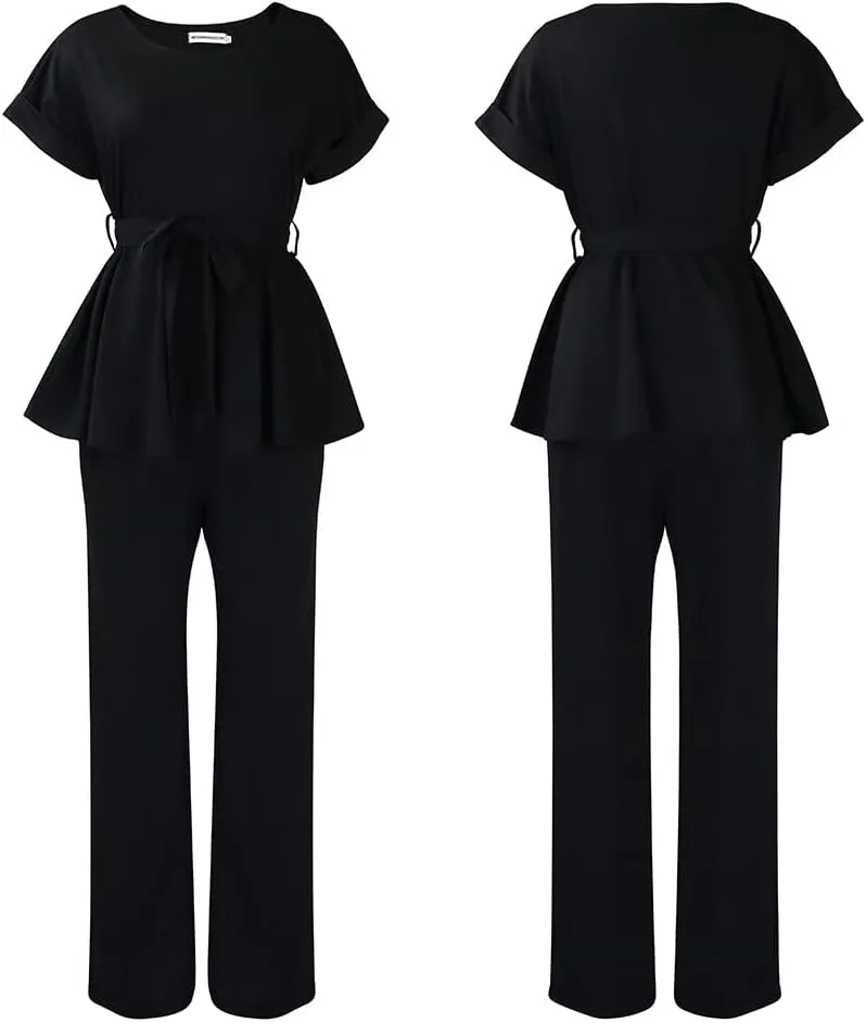 Women's 2 Piece Outfits Suit Set Short Sleeve Peplum Top Flared Pants Sets Business Pantsuits