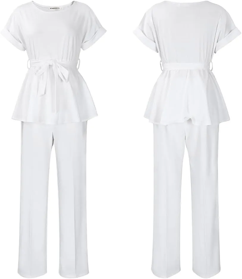 Women's 2 Piece Outfits Suit Set Short Sleeve Peplum Top Flared Pants Sets Business Pantsuits