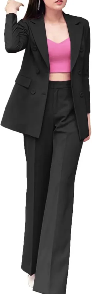 Women's 2 Pieces Office Suit Set Double Breasted Long Sleeve Blazer Jacket and Pants