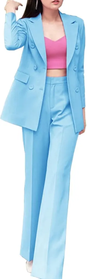 Women's 2 Pieces Office Suit Set Double Breasted Long Sleeve Blazer Jacket and Pants