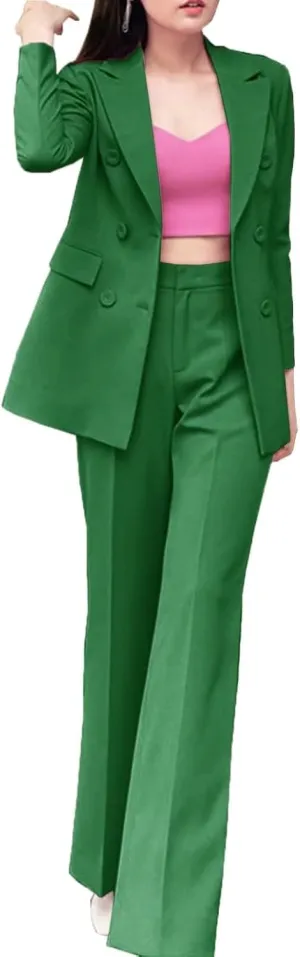 Women's 2 Pieces Office Suit Set Double Breasted Long Sleeve Blazer Jacket and Pants