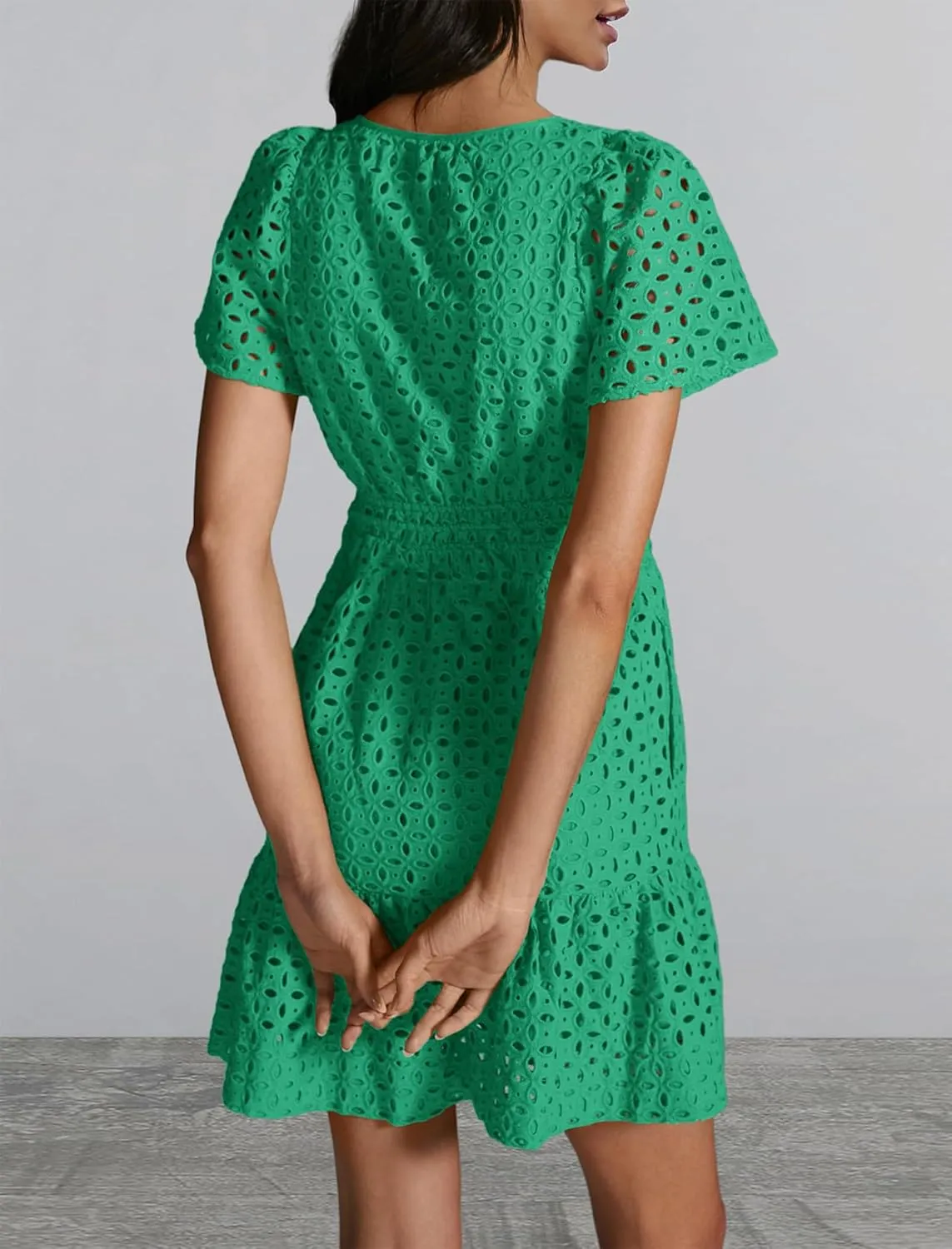 Women's 2024 Summer Short Sleeve Dress V Neck A Line Hollow Out Short Dress Cute Casual Beach Party Cocktail Dresses