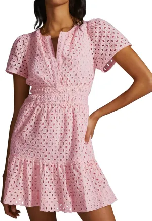 Women's 2024 Summer Short Sleeve Dress V Neck A Line Hollow Out Short Dress Cute Casual Beach Party Cocktail Dresses