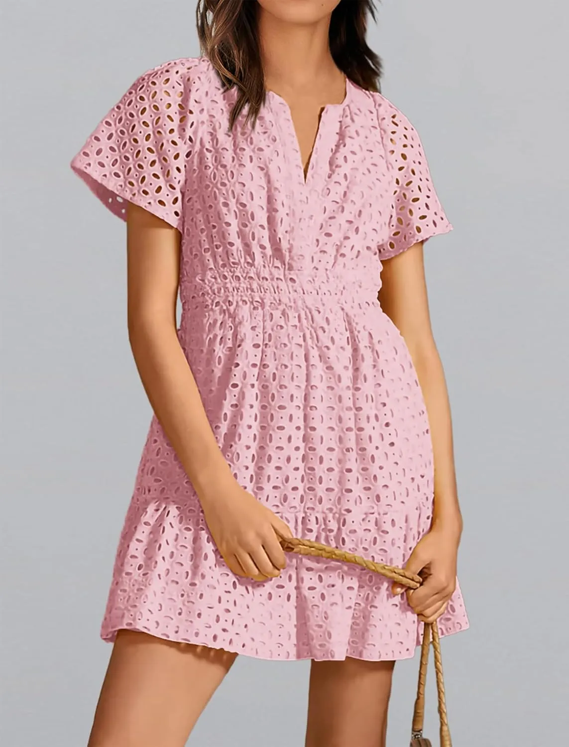 Women's 2024 Summer Short Sleeve Dress V Neck A Line Hollow Out Short Dress Cute Casual Beach Party Cocktail Dresses