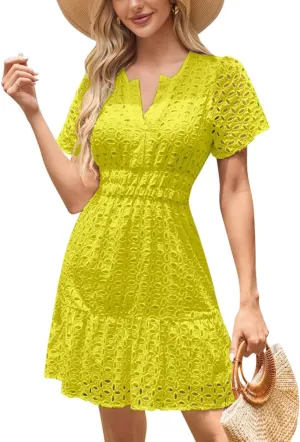 Women's 2024 Summer Short Sleeve Dress V Neck A Line Hollow Out Short Dress Cute Casual Beach Party Cocktail Dresses