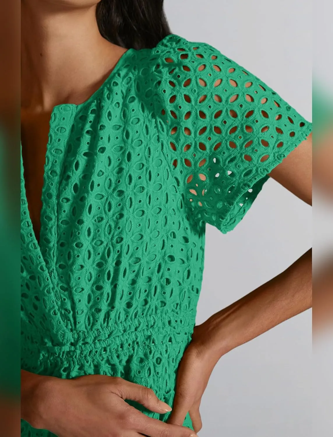 Women's 2024 Summer Short Sleeve Dress V Neck A Line Hollow Out Short Dress Cute Casual Beach Party Cocktail Dresses