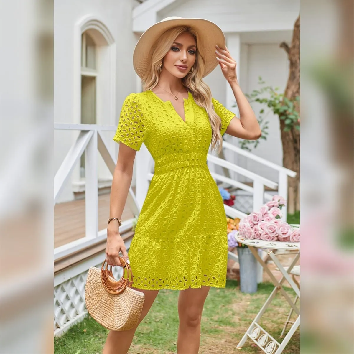 Women's 2024 Summer Short Sleeve Dress V Neck A Line Hollow Out Short Dress Cute Casual Beach Party Cocktail Dresses