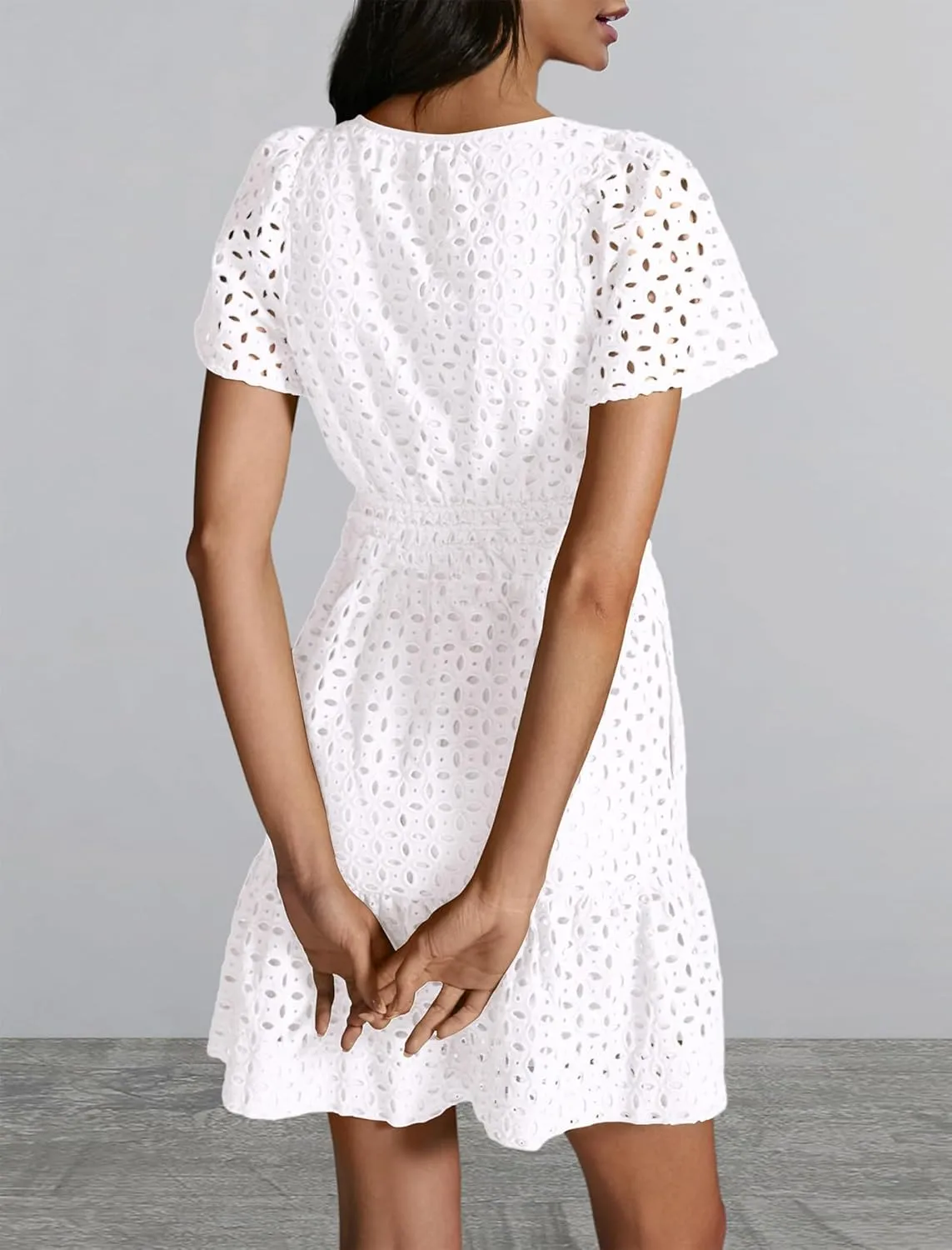 Women's 2024 Summer Short Sleeve Dress V Neck A Line Hollow Out Short Dress Cute Casual Beach Party Cocktail Dresses